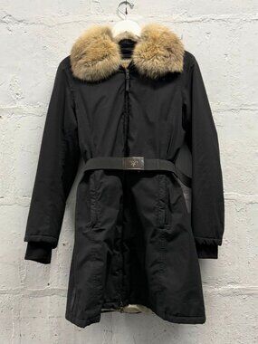 PRADA AW06 Archival Vintage Black Gore-Tex Logo Belted Blue Fox Fur Collar Coat